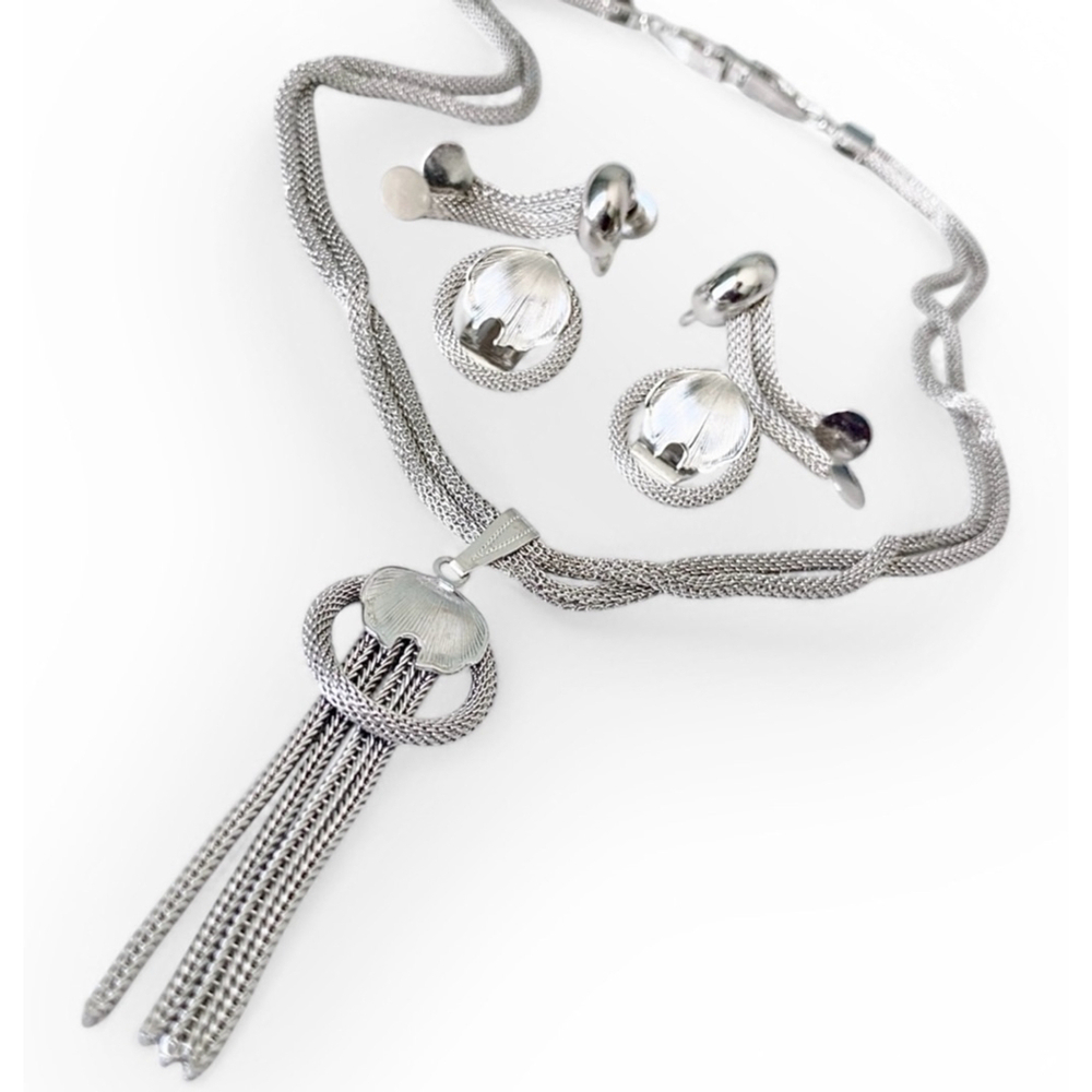 Vintage Continental Silver-tone Mesh Jewelry Set Necklace Earrings Pairs Lot - Picture 8 of 9